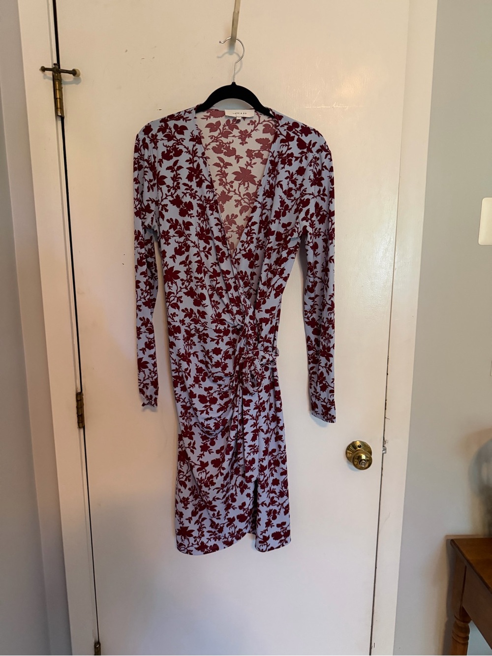 Lark and Ro Floral Wrap Dress in Burgundy and White | Medium